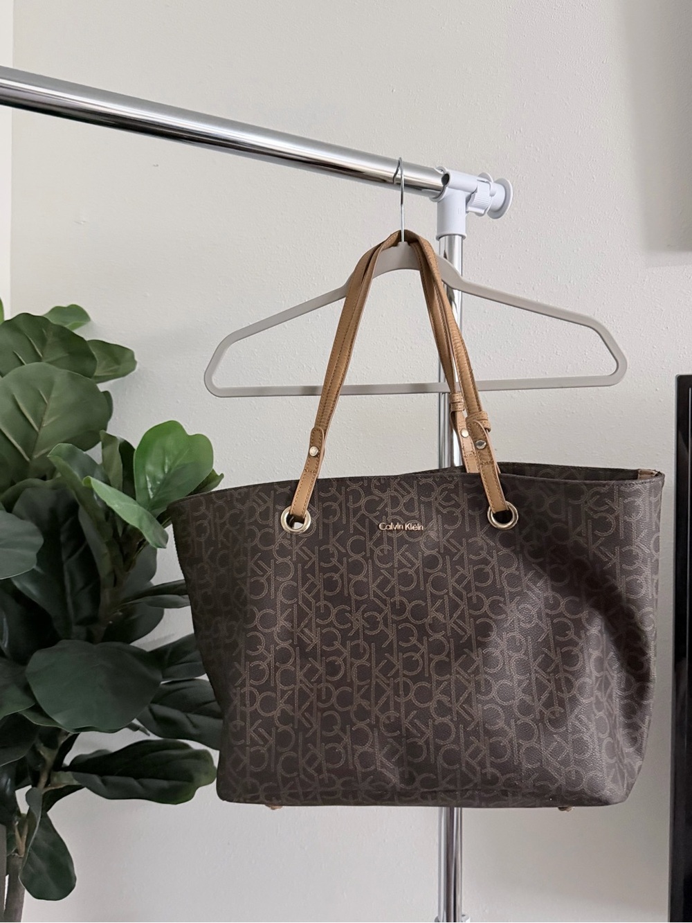 Calvin Klein Brown Signature Tote with Tan Straps
